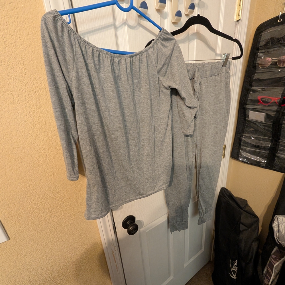Cozy Light Gray Off-Shoulder Top & Jogger Set